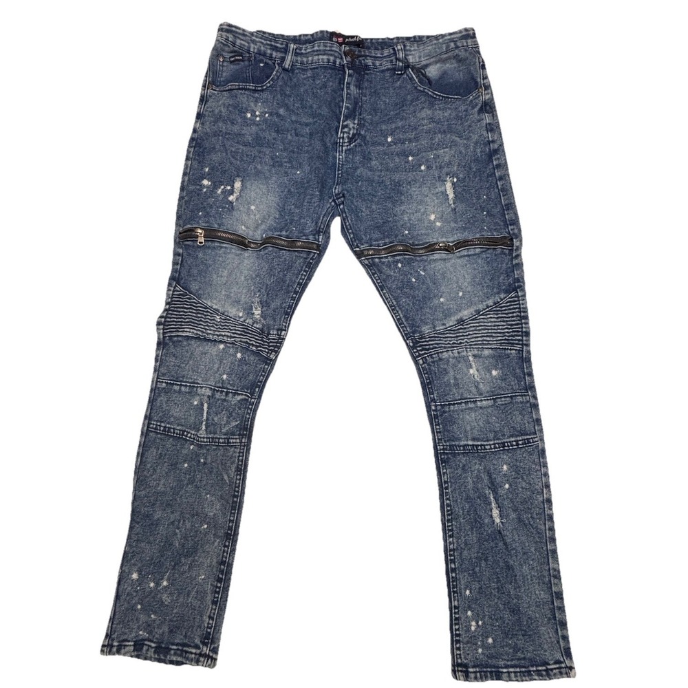 Phat Farm Jeans 38x30 Blue Moto Biker Zipper Denim Paint Splatter Y2K Streetwear